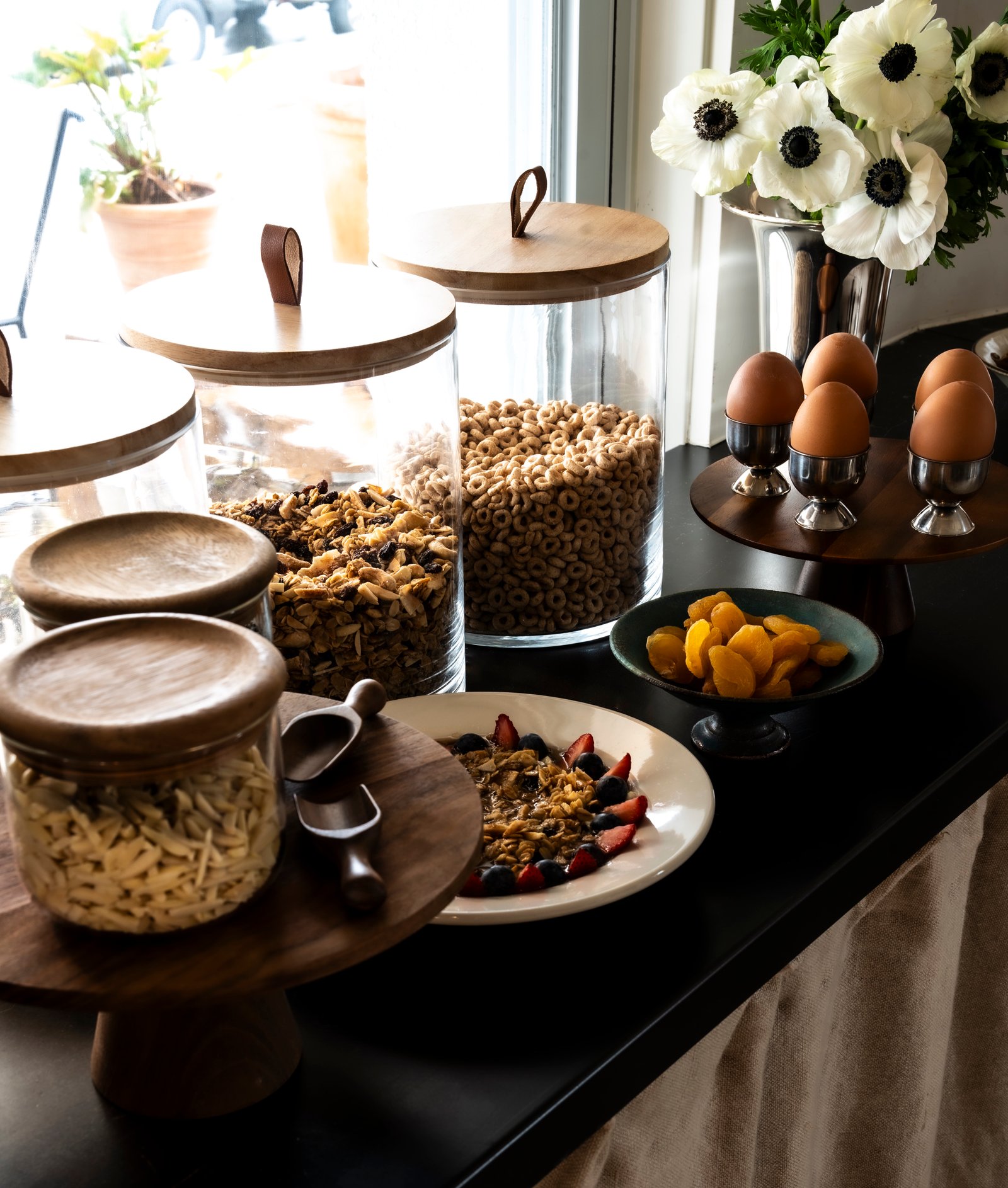 Breakfast buffet with pastries, yogurt, and fresh fruit at Jersey Shore boutique hotel.